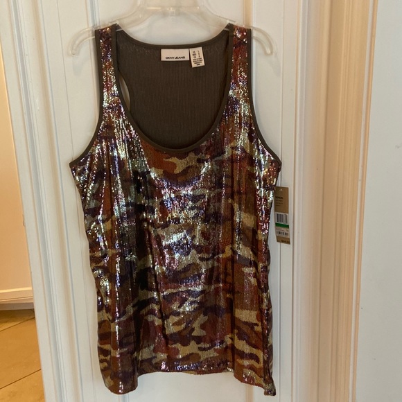 DKNY sequined sleeveless tank top in brown/tan camo, size large